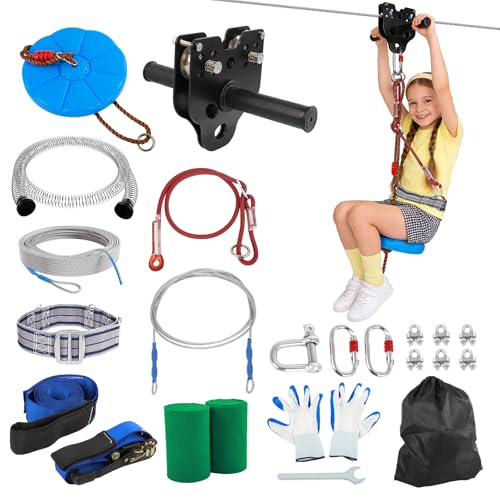 FAHKNS 300FT Zip Line Kit for Kids Adults: Up to 400LBS Quick Tighten Zipline for Backyard with Rust Proof Removable Trolley,Spring Brake,Height Adjustable Seat,Outdoor Kids Play Equipment