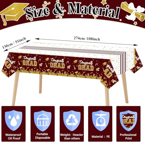 Image of chiazllta Set of 3 Graduation Tablecloths Class of 2026 Congrats Grad Maroon Graduation Party Tablecover Decorations Party Supplies Large Size Plastic 54 inchx108 inch(Maroon & Gold)