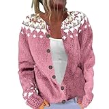 Cárdigan islandés de Fair Isle para mujer, suéter nórdico de manga larga con cuello redondo, para otoño e invierno, elegante patrón retro de lana, rosa, L