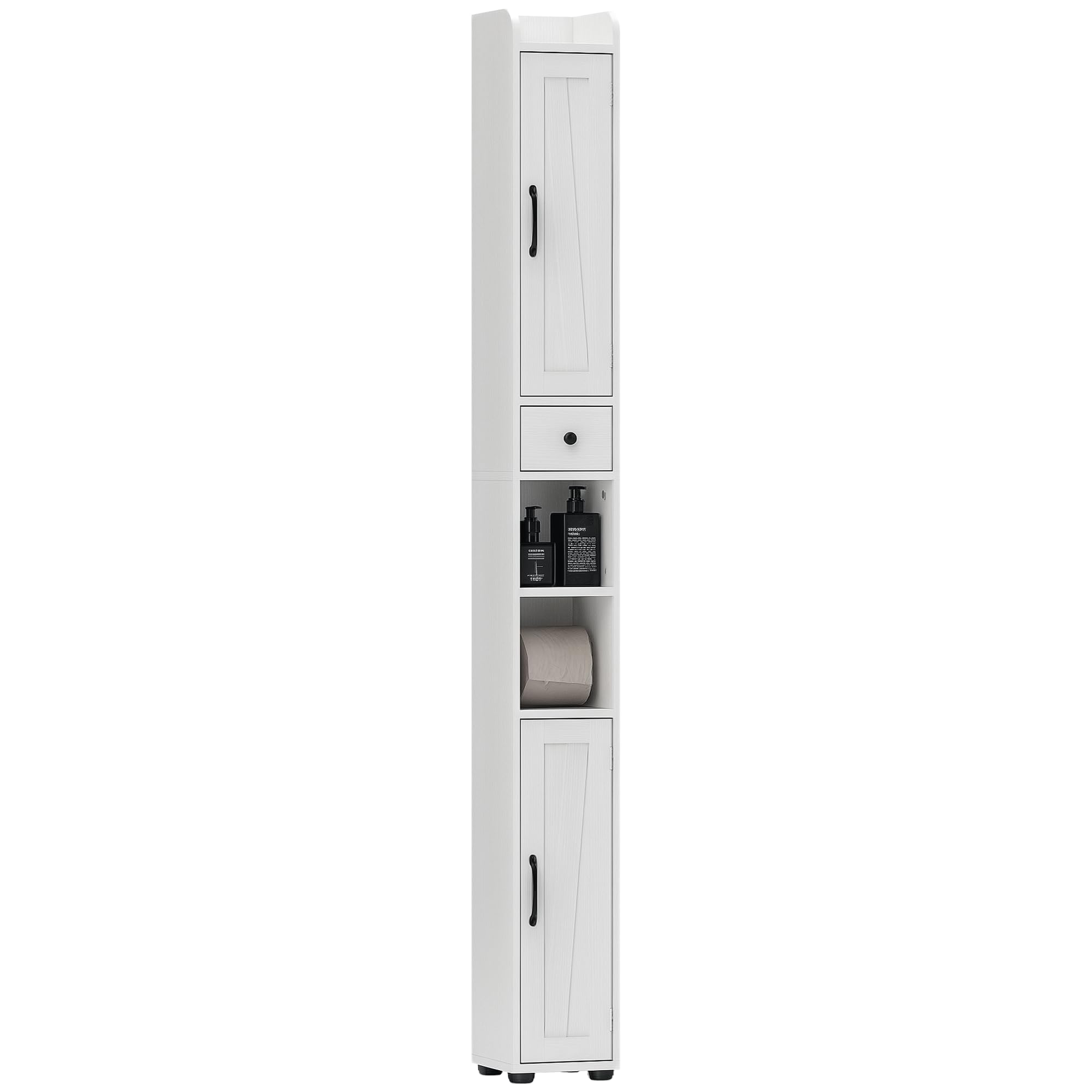 HOMCOM Columna de Baño Estrecha con 2 Puertas Armario Alto de Baño Rústico con Cajón Compartimento Abierto Estantes Ajustables y Portarrollos 20x20x185 cm Blanco
