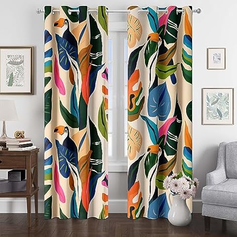 tubeamin Colorful Tropical Plant Curtains Abstract Palm Leaf Window Treatments 96 inch Long Decor Boho Jungle Toucan Birds Grommet Room Darkening Curtain for Kids Bedroom, Living Room, Art Gallery Cover