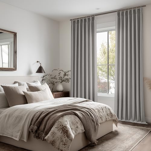 Image of Grey Pinch Pleat Semi Sheer Linen Curtains 90 Inch Long for Living Room