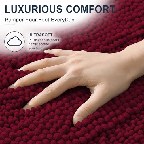 Image of Smiry Thick Chenille Bathroom Runner Rugs 59x24, Absorbent Striped Bath Mat, Machine Washable, Rubber Backing, Extra Long Bath Rugs for Tub & Shower, Modern Home Decor Accessories, Burgundy