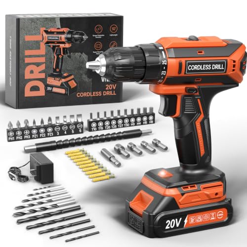 VIWKO Taladro Atornillador Inalámbrico 20V, Taladro Atornillador Bateria 42Nm con 25+1 Ajustes de Torque, Luz LED, Kit 56 Piezas, Destornillador Eléctrico para Bricolaje en Casa y Jardín, Naranja
