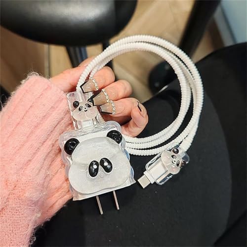 Image of Dezet for iPhone Charger 18-20W Cute Cartoon Charging Cable Protector Set for iPhone Fast Charging USB Cable with Protective Silicone Cover & Organizer Clip Stylish Design (Panda-Transparent)