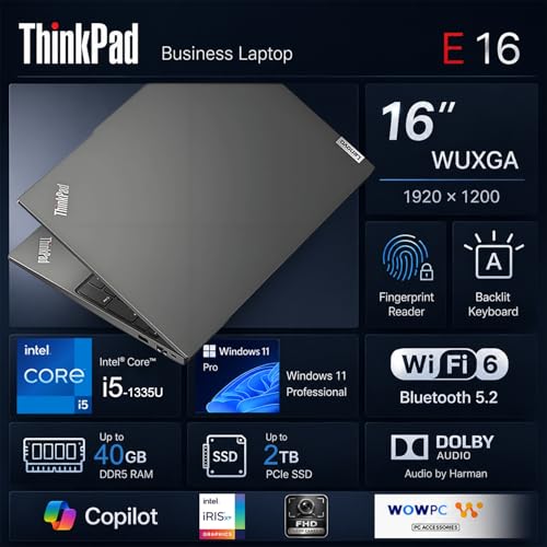 Image of Lenovo ThinkPad AI Laptop, 16 inch WUXGA IPS Display, Intel Core i5-1335U(>i7-1255U), 16GB RAM, 756GB(256GB SSD + 500GB Ext), Backlit KB, Fingerprint Reader, Ethernet, Win 11 Pro, MS 365 Web Access