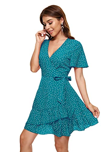 Women's Short Sleeve V Neck Wrap Dress Floral Skirt Mini Swing Party Wedding Dress With Belt Teal Blue Polka Xl #TOP1
