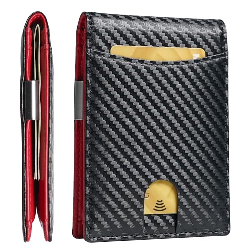 Image of Slim Bifold Wallet for man with Money Clip - RFID Blocking, Multiple Credit Card Pockets - Sleek and Versatile Design - Genuine Leather - Ideal for Cash and Cards (Carbon Fiber Black - Red)