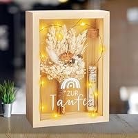 Taufe Geschenk, Kreative Geldgeschenk Taufe mit Trockenblumen Reagenzglas und Lichterkette, Geldgeschenke Geschenkbox Erinnerungsstück aus Holz für Mädchen und Jungen(Mit Licht)