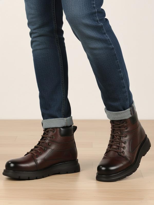 Image of FAUSTO Men Genuine Leather Lace Up Ankle Boots | High Ankle Shoes | Featherlite Memory Cushion Boots | Casual and Work Wear