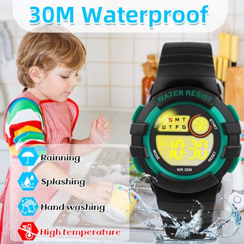DTKID Digital Kids Watch 30 M Waterproof, 7 Color Lights Time Teaching Watch Easy to Read for Girls Boys 5-163
