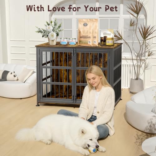 42" Dog Crate Furniture Large Breed Dog Crate Dog Kennels for Inside Wooden Dog Crates End Table Heavy Duty Indoor Combination Cage for Medium to Large Dogs Walnut - Image 6