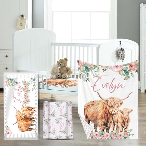 HSHRYY Baby Bedding Set with Custom Name – Includes Personalized Blanket, Fitted Crib Sheet & Changing Pad Cover 3-Piece Crib Décor - Highland Cow Theme – A Wonderful Gift from Parents