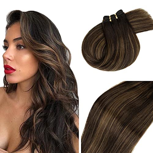 Ombre Brown Sew in Hair Extensions for Women 20 Inch Dark Brown Fading to Medium Brown and Brown Balayage Sew in Weft Hair Extensions Human Hair Silky Straight Real Hair Extensions 100 Grams
