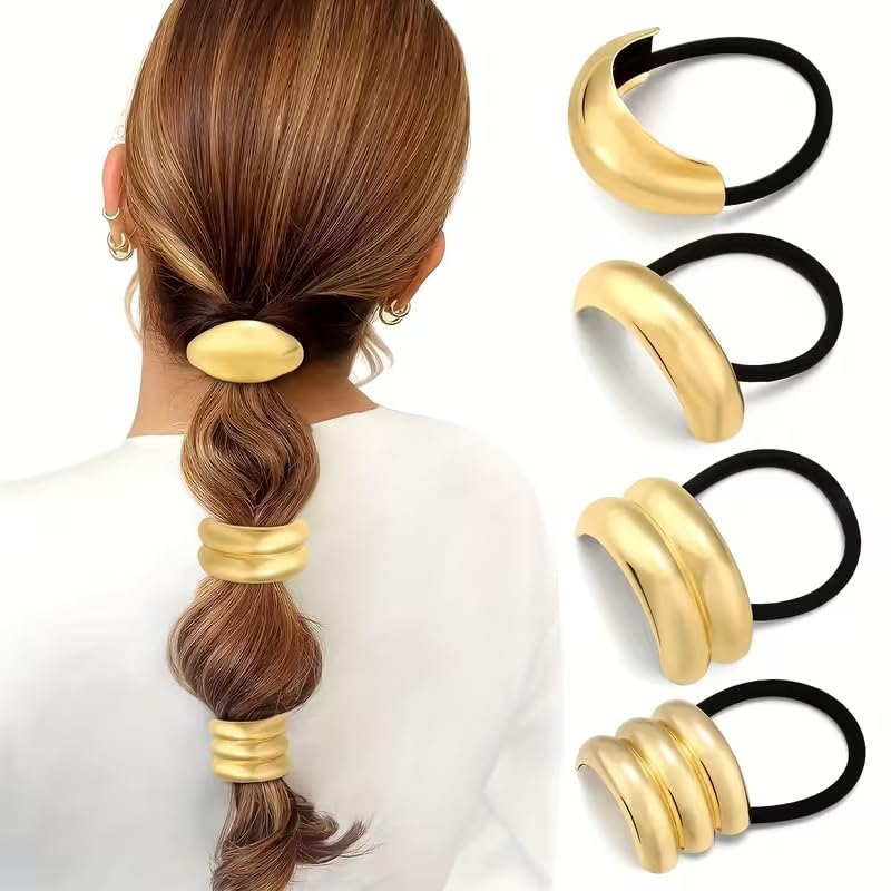 4Piece Metal Hair Ties Golden & Black Geometric Design Hair Cuff Scrunchies No Damage Elastic Stretchy Hair band Stainless Steel Ponytail Ties Head band Causal & Party Cuff Hair Ties Korean Style Hair Accessories for Women & Girls-image-15