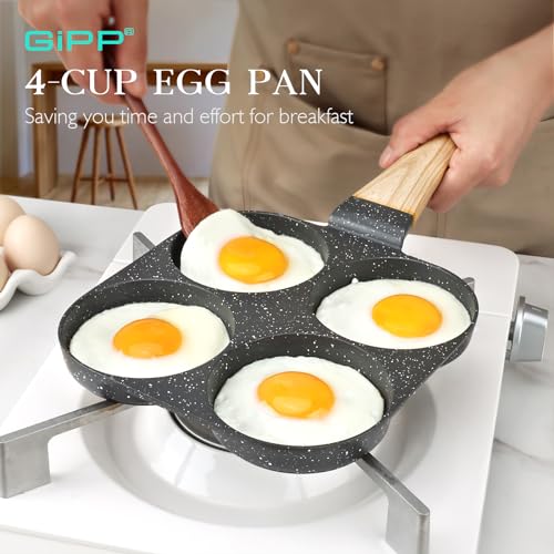 Image of GiPP Non Stick Egg Pan, 4-Cup Granite Omelette Pan Skillet for Breakfast, Pancake Pan with Heat-Resistant Handle, Compatible with All Stovetops, Easy to Clean, PFOA Free, Grey