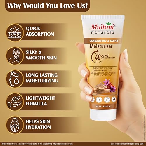 Image of Multani Naturals Moisturizer Sandalwood & Kesar (100 ml) | Face & Body | 48Hr Hydration | Dermatologically Tested | Instant Skin Hydration | Smooth, Soft & Healthy Skin | All Skin Types