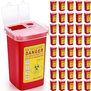 1 Quart Flip Top Sharps Container Sharps Disposal Container Small Trash Bin Small Portable Container for Tattoo Parlors Use Office Barbershop Home Travel Use, 6″ x 4″ x 3″, Red (40 Pcs)
