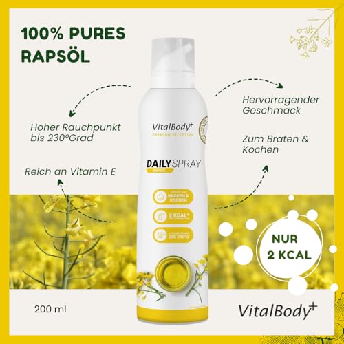 VitalBody+ DailySpray 4er Pack, Rapsölspray zum Braten, Grillen & Backen, 3200 Portionen, 2 kcal pro Sprühstoß, ideal zum Abnehmen, Non-Stick Cooking Spray, Trennspray, zertifiziert & laborgeprüft
