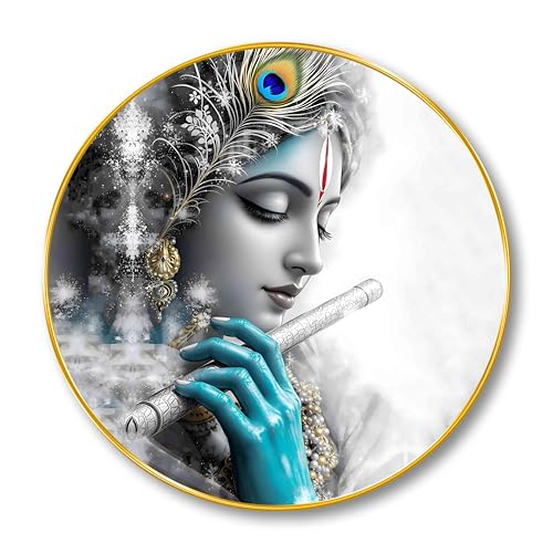 Image of SAF Monochrome Lord Krishna with Flute Wall Painting - Black & White Spiritual Art with Blue Accent | Round Golden Frame Religious Decor for Living Room, Bedroom, Pooja Room (20 X 20 Inch) GRL-292