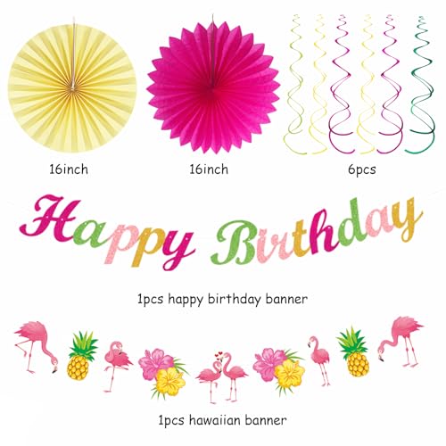 Image of Hawaiian Luau Birthday Party-Decorations Supplies - 21pcs Happy Banner,Beach Paper Lanterns Honeycomb,Flamingo Pool Streamers Garland,Summer Tissue Pom Poms Flowers Fans,Tropical Tiki Decor Burgleda