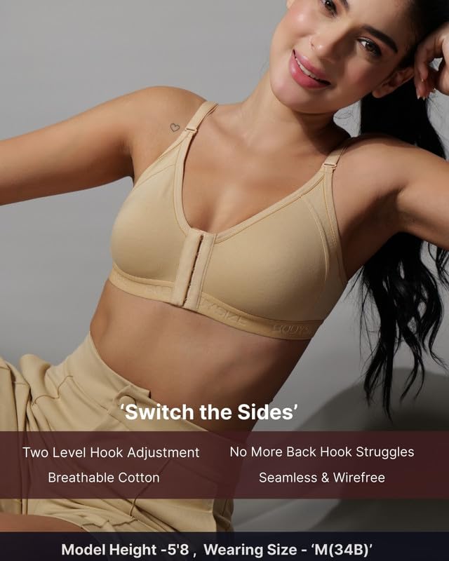 Image of BODYSIZE Cotton Front Open Bra for Women Daily Use | Non-Padded, Non-Wired | Sweat Absorbent Seamless Bra | Full Coverage Regular Wear | Twin Hook Adjuster (Cup Size: B)
