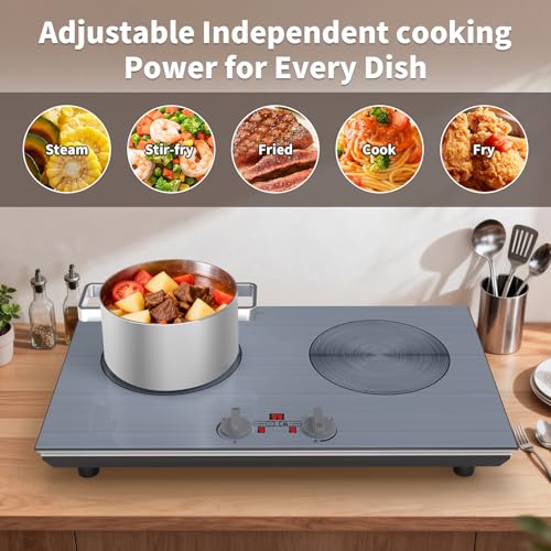 Image of GIHETKUT 2 burner Induction cooktop,110V 4000W induction hot plate with Brushed Panel,Knob Control,9 Power Levels, Kids Lock & Timer,LED touch control 2 burner induction cooker