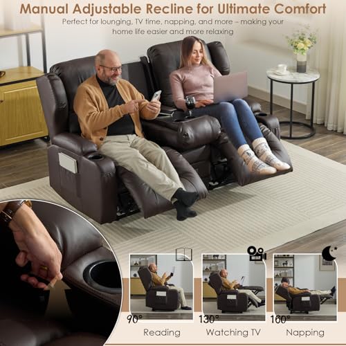 Image of SAMERY 67.6 inch Loveseat Recliner Sofa | Double Recliner Sofa & Console | Wall Hugger Loveseat Reclining RV Theater Seats | RV Couch Home Theater Seating Furniture (Faux Leather Brown)