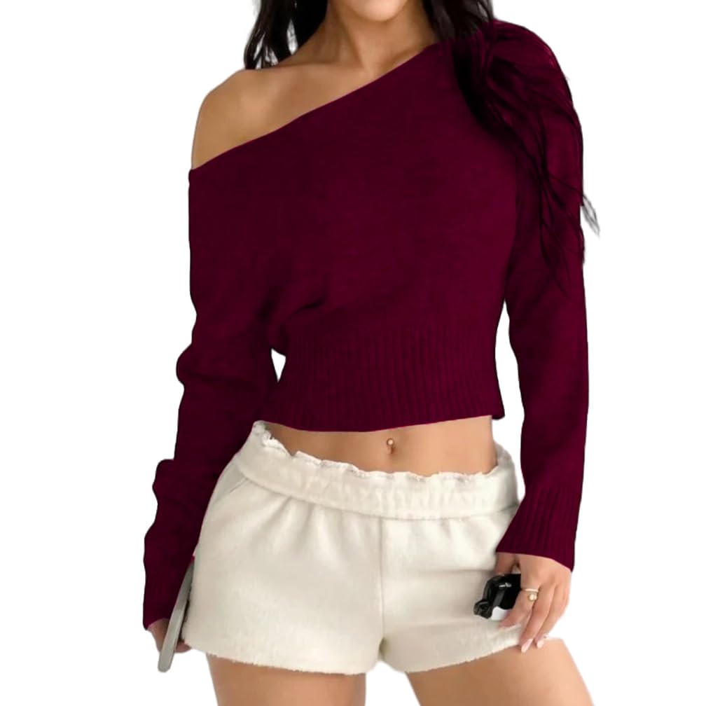 Women Off Shoulder Cinched Waist Knit Crop Sweater Slim Fit Asymmetrical Neck Long Sleeve Crop Pullover Jumper