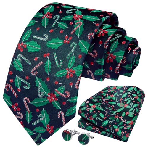 Image of HISDERN Christmas Ties for Men Holiday Tie and Pocket Square Cufflinks Festival Party Xmas Funny Silk Woven Necktie