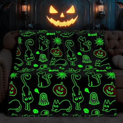Halloween Glow in The Dark Blanket Gifts Toy for Boys Girls Daughter Son Glowing Black Cat Pumpkin Ghost Bat Witch Hat Spooky Soft Cozy Throw Party Favors Present for Kids Adult Sofa Bed Decor 50"x60"