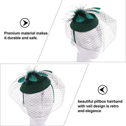 FRCOLOR Fascinator Hats Feather Derby Tea Party Hat Mini Pillbox Hat with Veil Headband Church Headwear for Cocktail Wedding Bridal Women Girls Green - Image 3