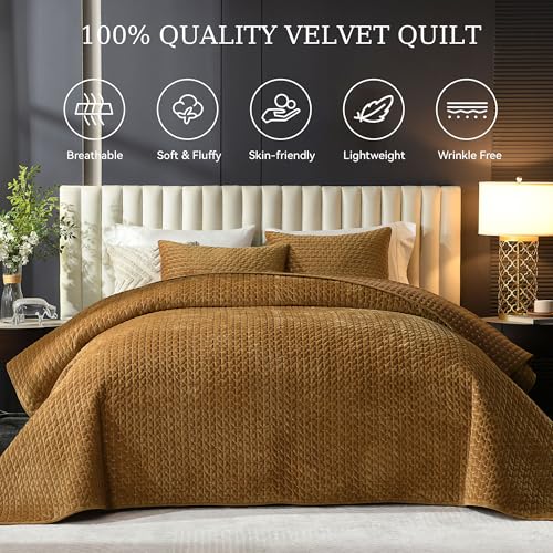 Image of Grassix Velvet Quilt Set King Size, Luxury Cross Stitch, Gold Caramel | Lightweight Velvet Comforter with 2 Pillow Shams, Soft Bedspread Coverlet, Quilted Bedding Set for All Seasons, 108 inchx96 inch