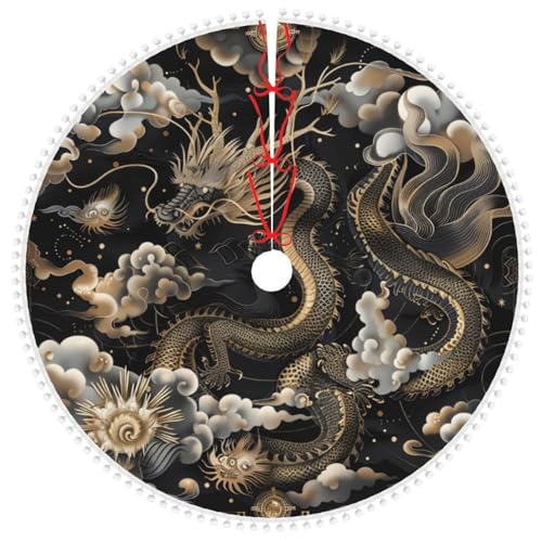 Jupe de sapin de Noël dragon chinois noir 122 cm avec pompons - 2