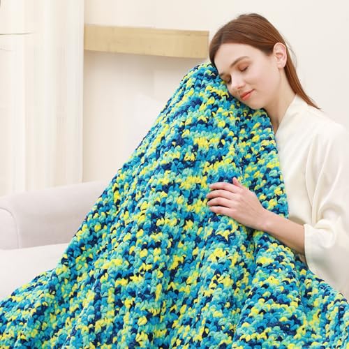 Image of #6 Super Bulky Blanket Yarn for Crocheting - 4 Skeins(Each 10.5oz /300g, 220yds /201m), Chunky Chenille Thick Plush Big Soft Yarn for Crocheting Knitting Blankets, Multi Blue & Yellow