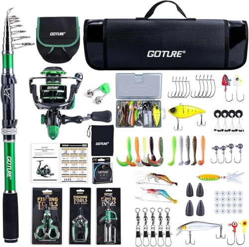 Goture Canne à Pêche Complet (Carbone 24T), Canne Surfcasting Télescopique en Fibre de Carbone & Moulinet Spinning avec 9+1 Roulements à Billes Scellés,...