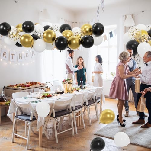 Image of 100pcs Black Gold and White Balloons with 12inch Metallic Gold and Black Confetti Balloons for Class of Graduation, 30th 40th 50th Birthday Party Decoration (with 2 Ribbons)