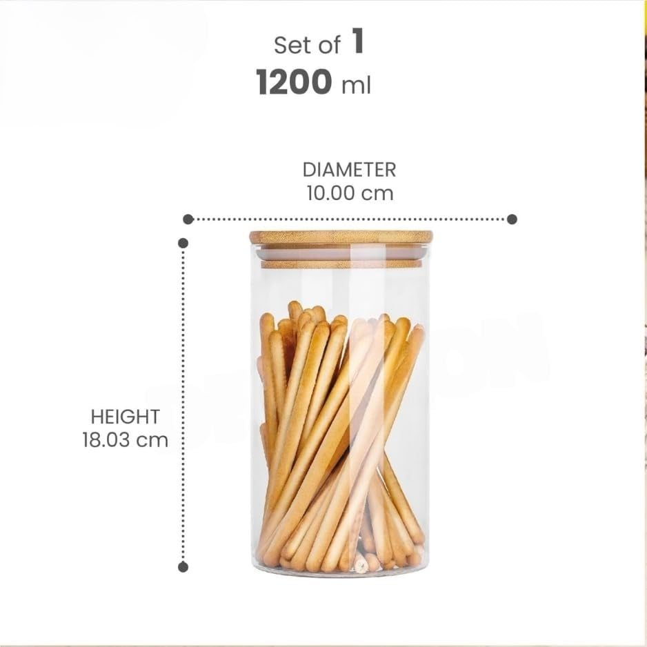 Image of Borosilicate Airtight Glass Jar for Kitchen Storage, Snacks,Spice, Cookies,Dry-Fruit I Kitchen Container Glass Jar for Multipurpose Use I Wooden Lid Jar Round 1200 ML (Pack Of 2)