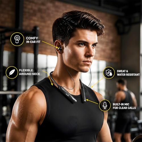 Image of Voods Nova Plus Wireless Neckband Bluetooth Earphones, 30H Playtime, Bluetooth 5.4, 10mm Deep Bass Drivers, Magnetic Earbuds, Dual Device Pairing, Type-C Fast Charging, IPX5 Water Resistant (Black)
