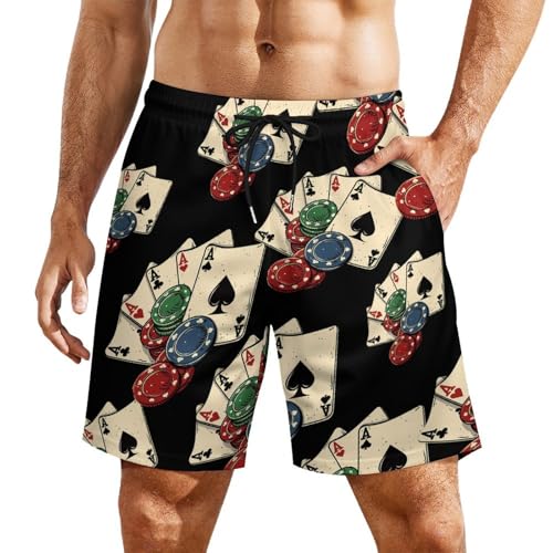 Chips with Poker Cards Men's Swim Trunks Quick Dry Board Shorts Swimwear Beach Shorts with Compression Liner
