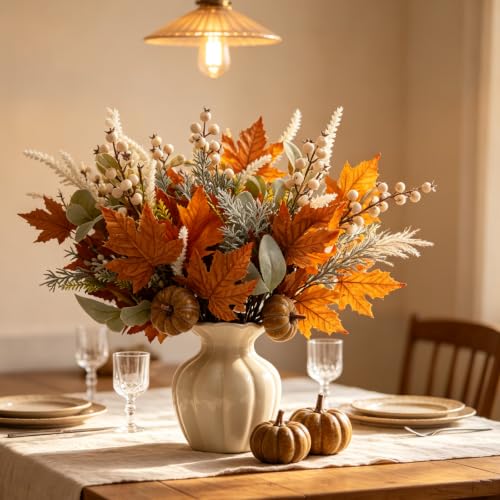 Image of 16 Inch 6Pcs Fall Picks Pumpkin Maple Leaf for Table Centerpiece | Artificial Fall Stems with Lamb's Ear Thanksgiving Centerpieces, Vase Filler, Floral Arrangements & Autumn Home Decor