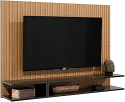 Painel Para TV Até 50 Polegadas Quarto/Sala Com Nichos E Prateleiras Suspenso - Quality Móveis (Ripado/Preto)