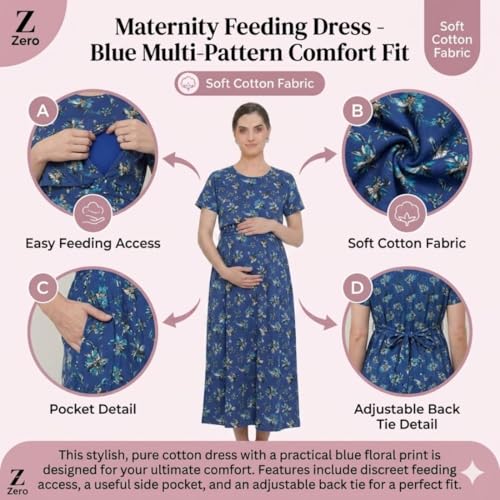 Image of Zero Clothing Feeding Dress for New Moms Casual Loungewear Ankle Length | Cotton Maternity Nighty | Zipless Feeding Dresses for Women | Pregnancy & Nursing Wear