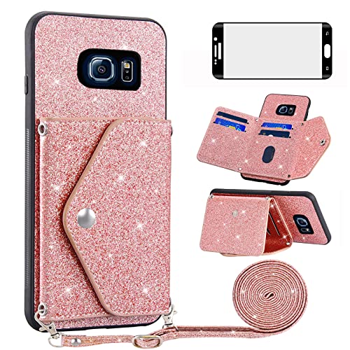 Étui portefeuille Galaxy S6 Edge rose avec bandoulière et verre trempé protège-écran