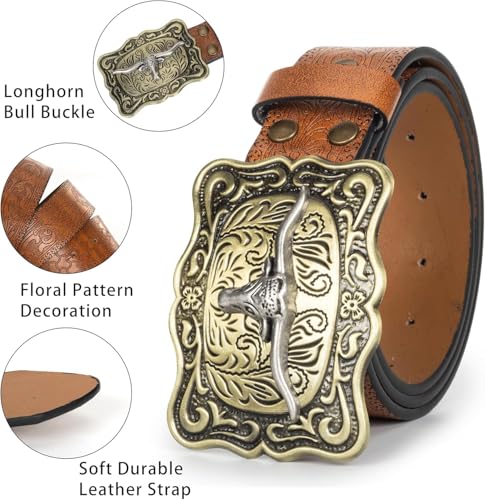 Image of UTOWO Western PU-Leather Cowboy Buckle Belt for Men and Women Jeans Engraved Floral Longhorn Bull Buckle Belt (25-38 inch waist)