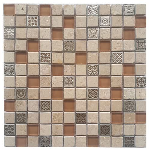 Mosaico de cristal de mármol mate con adornos, 30 x 30 cm, color marrón M186 Cover