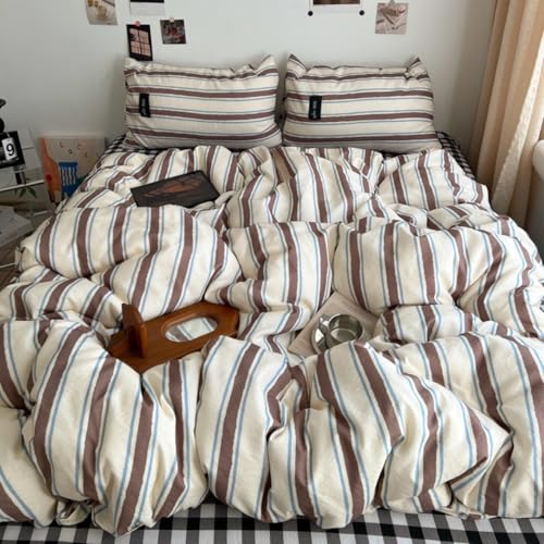 Image of Striped Duvet Cover Queen Size Brown Blue Stripes Bedding Set Retro Striped Geometric Pattern Duvet Cover Set Soft Lightweight Microfiber Quilt Cover with Zipper Closure and 2 Pillowcases