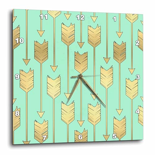 3dRose Wall Clock Silent - 10 inch - Mint and Gold Arrows Pattern - Designs Boho