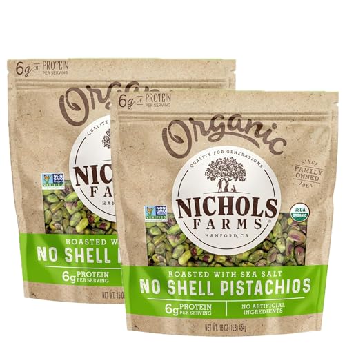 Image of Nichols Farms Organic No Shell California Pistachios, Roasted with Sea Salt, 1LB (Pack of 2)
