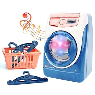 deAO Washing Machine Toy for Kids Dollhouse Furniture Pretend Play Household Appliance Realistic Sounds with Lights Laundry Play Set with Rotatable Roller for Children Birthday Present